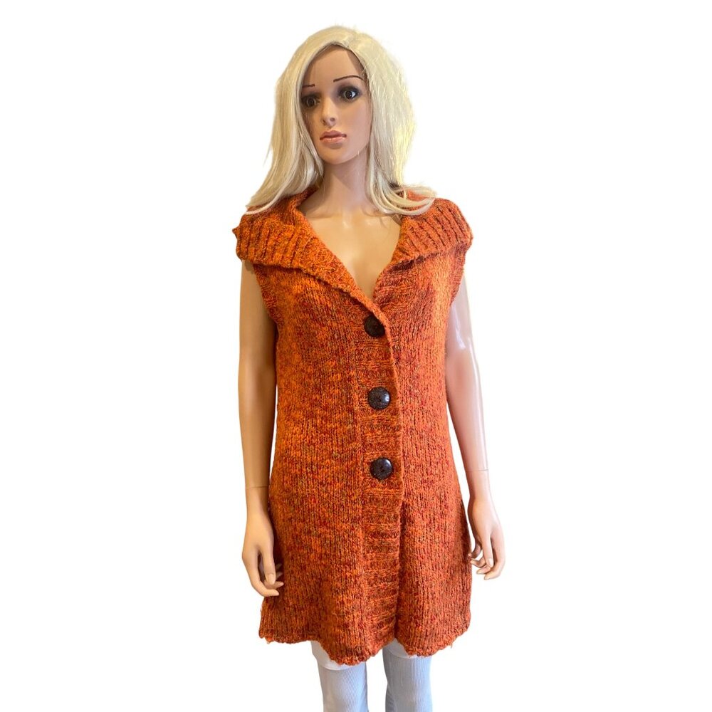Chico's Crochet Long Sweater Cardigan Vest W's M Wool Blend Orange Fall Chunky - Picture 10 of 12